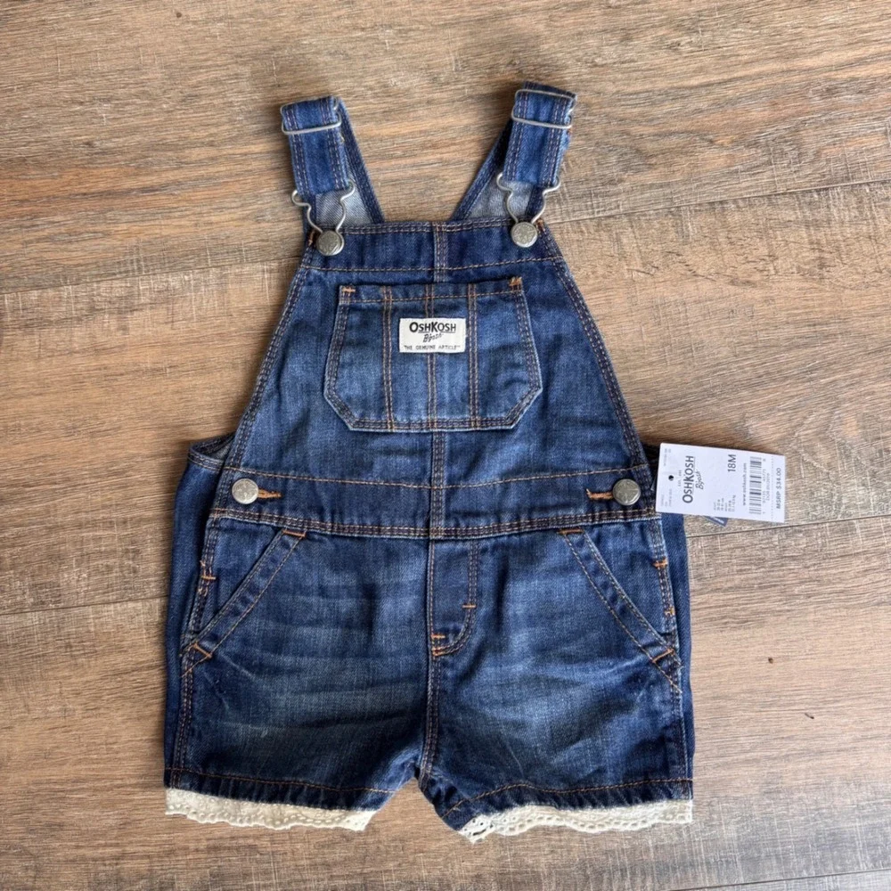 NWT OshKosh B'gosh Baby Girls Denim Shortalls Vestbak Shorts Eyelet Trim 18M